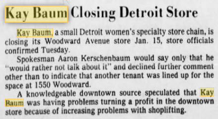 Kay Baum - Dec 1977 Closing Of Detroit Store